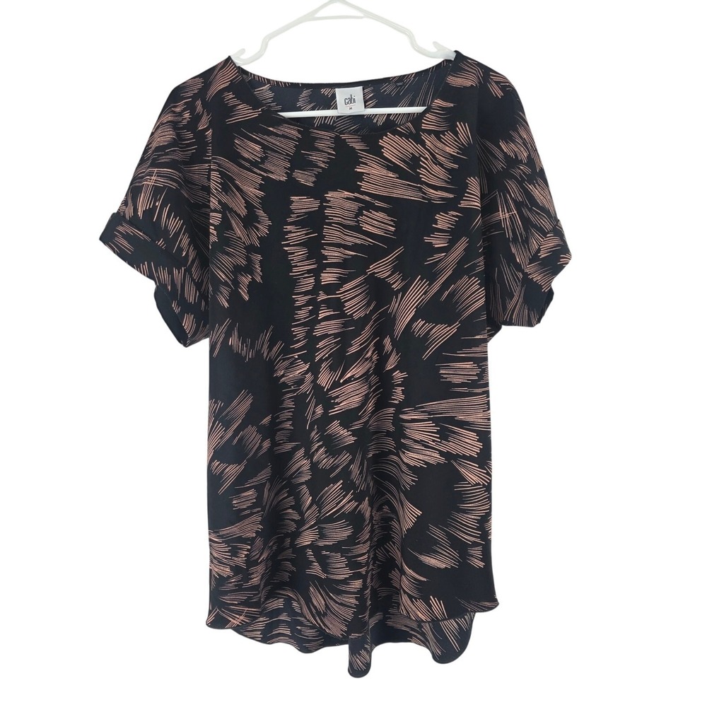 Cabi Art To Wear Boast Neck Blouse M‎ Womens Black Pink Short Sleeve